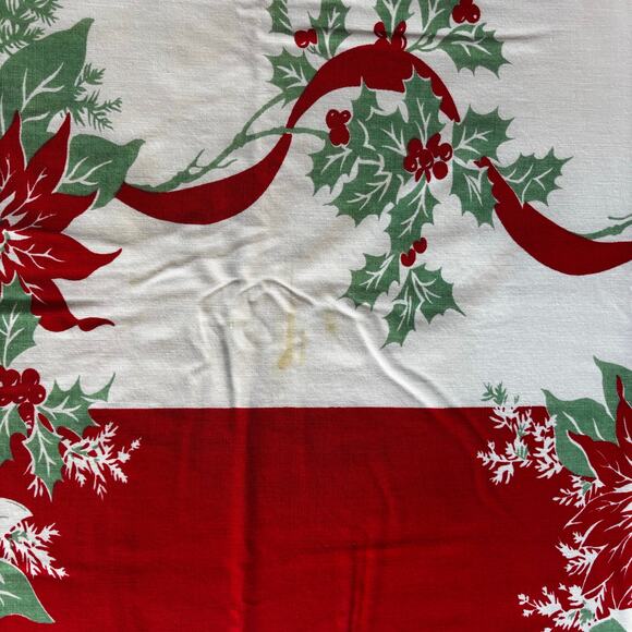 Vintage mid century Christmas tablecloth cotton print rectangle red white FLAWS - Picture 10 of 10